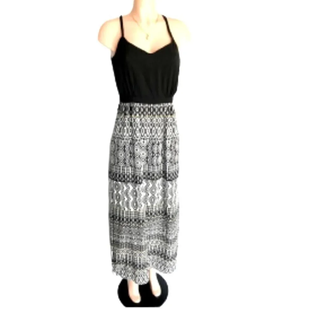 J. Crew Women's Size -0 Maxi Dress Side Slit Racer Back Black White Print